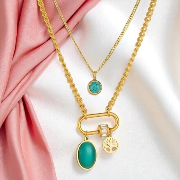 18K Gold Plated Layered Necklace | Turquoise Crystal & Tree of Life Pendant ✨ - Picture 8 of 10
